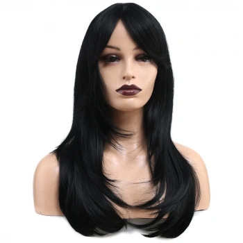 Katlı Kesim Perçemli Düz Fiber Sentetik Orta Boy Peruk / Siyah