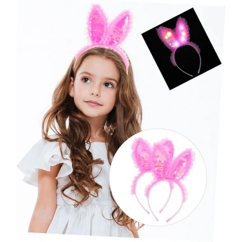 Kenarları Dantelli Fuşya Pullu Payetli Led Işıklı Tavşan Kulak Taç 23x19 cm