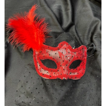 Kırmızı Renk Dantelli Duvaklı İncili Parti Maskesi B