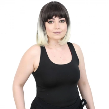 Kısa Küt Perçemli Fiber Sentetik Peruk / Küllü Siyah / Platin Ombreli