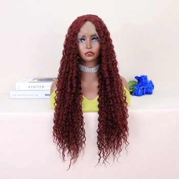 Kızıl Kahve Uzun Kıvırcık Dalgalı Fiber Sentetik Tül Peruk