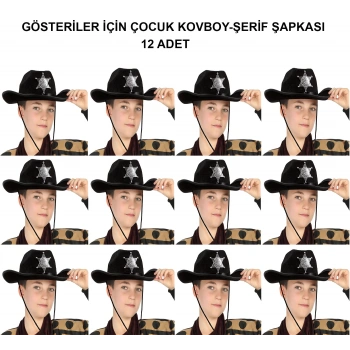 Kovboy Şerif Şapkası Siyah 12 Adet - Kostüm, Parti ve Gösteri Şapkası
