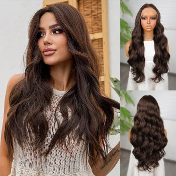 Koyu Kumral Dalgalı Fiber Sentetik Tül Peruk