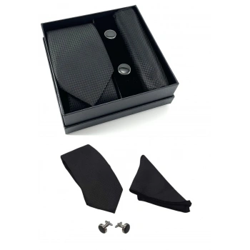 Kravat Düğme Set Siyah Desenli Kravat Mendil Kol Düğmesi Özel Set