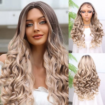 Kumral Platin Ombre Bebek Saçlı Fiber Sentetik Yoğun Dalgalı Tül Peruk