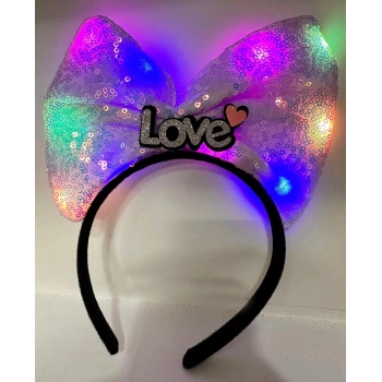 Led Işıklı 3 Farklı Fonksiyonda Yanan Gümüş Love Yazılı Lila Fiyonk Taç 20X17 cm