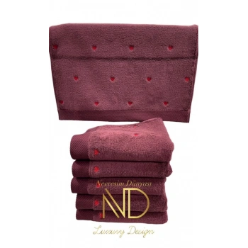 Lubow Love Fuşya Kırmızı Nakışlı 70x140 6lı Havlu Seti