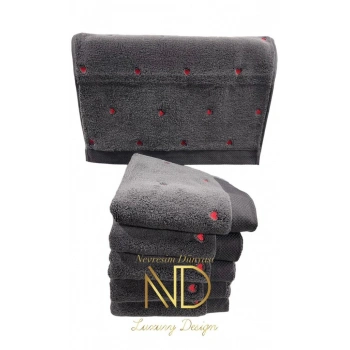 Lubow Love Koyu Gri Kırmızı Nakışlı 50x90 6lı Havlu Seti