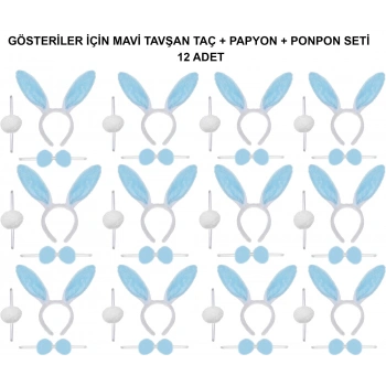 Mavi Tavşan Kostüm Seti – Taç, Papyon, Ponpon (12’li Paket)
