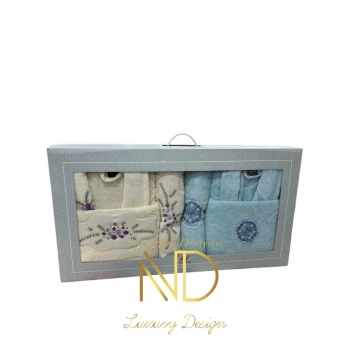 Nakışlı Bornoz Seti Açık Mavi Krem