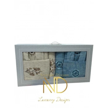 Nakışlı Bornoz Seti Mavi Cappuccino