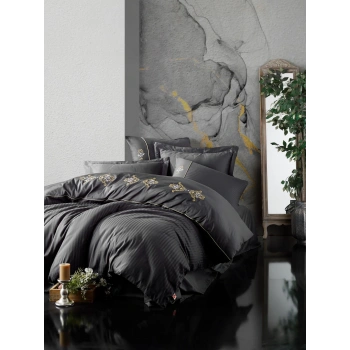 Nakışlı Çift Kişilik Saten Nev Takımı King Antrasit