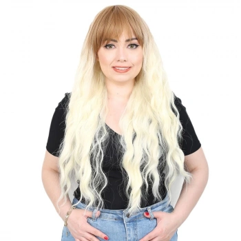 Perçemli Uzun Su Dalgası Fiber Sentetik Peruk / Balköpüğü / Platin Kısa Ombreli