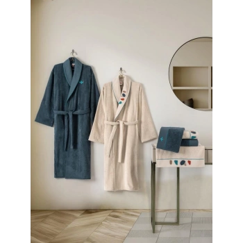 Puff Nakışlı Aile Bornoz Seti Gaja Bej-Petrol