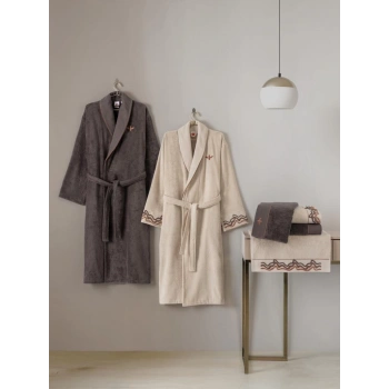 Puff Nakışlı Aile Bornoz Seti Molende Bej-Antrasit