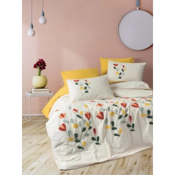 Puff Nakışlı Ranforce Çift Kişilik Nev Takımı Nella Hardal