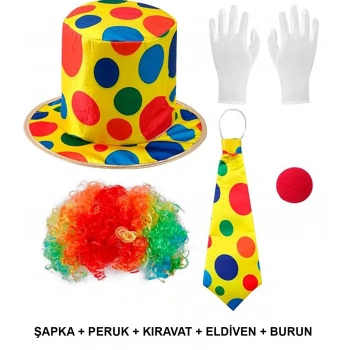 Renkli Palyaço Kostüm Seti – 5 Parça Aksesuar (Şapka, Peruk, Kravat, Eldiven, B)