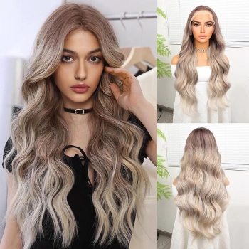 Rus Kumralı Beyaz Platin Ombre  ve Röfleli Fiber Sentetik Geniş Dalgalı Tül Peruk