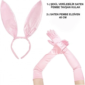 Saten Kaplama Soft Pembe Eldiven 40 cm ve Tavşan Kulak 2 li Set