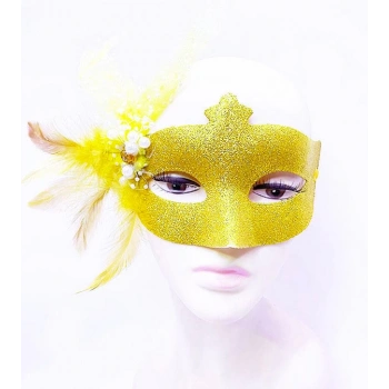 Sim İşlemeli İnci Boncuk Detaylı Tüylü B Maskesi Altın Renk 13x18 cm