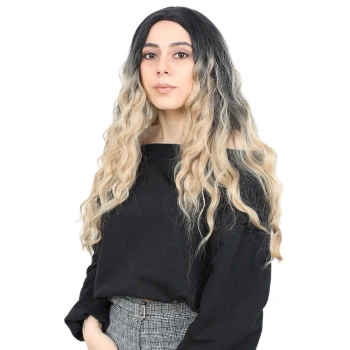 Su Dalgası Uzun Perçemsiz Fiber Sentetik Peruk / Siyah / Balköpüğü Ombreli