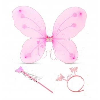 Pembe Kelebek Kız Seti – 50 cm Kelebek Kanadı, Taç ve Asa