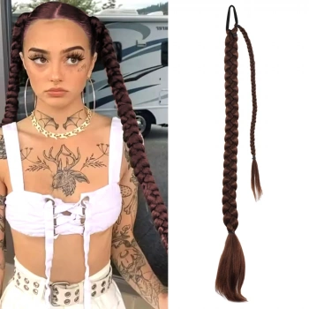 Üçlü Örgülü Tokalı Bağlamalı At Kuyruğu / Çikolata Kahve