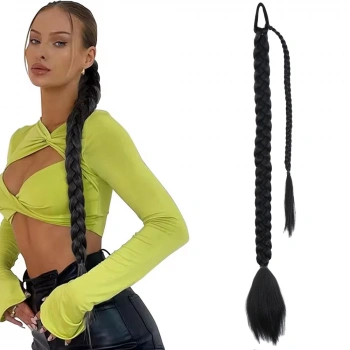 Üçlü Örgülü Tokalı Bağlamalı At Kuyruğu / Siyah