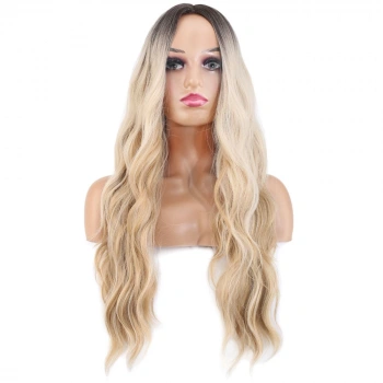 Uzun Su Dalgası Fiber Sentetik Peruk / Kumral / Bal Köpüğü Ombre ve Platin Röfleli