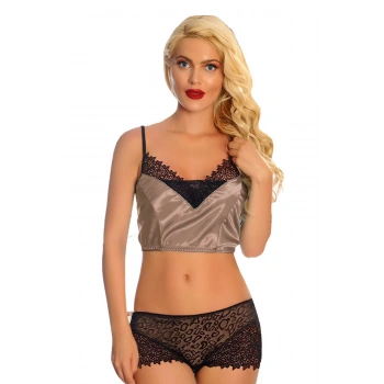 Vizon Saten Dantelli Babydoll Şortlu Takım