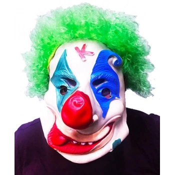 Yeşil Renk Afro Bonus Peruklu Palyaço Lateks Et Maske