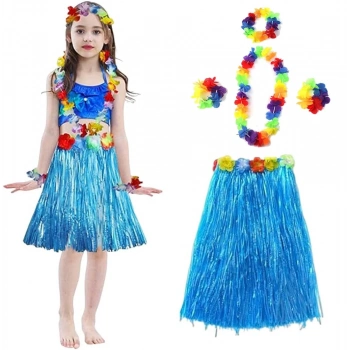 Yetişkin ve Çocuk Uyumlu Hawaii Luau ha Mavi Püsküllü Etek Kolye Taç ve 2 Adet Bileklik Seti