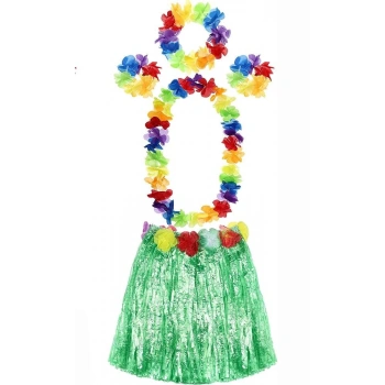 Yetişkin ve Çocuk Uyumlu Luau ha Hawaii Yeşil Etek ve Renkli Kolye Taç 2 Adet Bileklik Seti