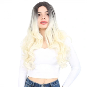 Yoğun Dalgalı Fiber Sentetik Uzun Perçemsiz Peruk / Küllü Siyah / Platin Ombreli