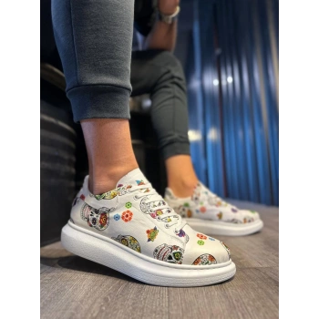 Yüksek Taban Renkli Baskılı Günlük Ayakkabı  Beyaz Kurukafa