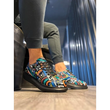 Yüksek Taban Renkli Baskılı Günlük Ayakkabı  Siyah (Siyah Taban)