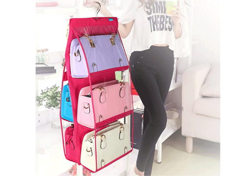 6 Gözlü Pratik Dolap İçi Çanta Askılığı/Organizer (Pembe)