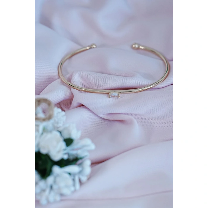 Gold Renk Kelepçe Model Zirkon Taşlı Çelik Bileklik Kaliteli