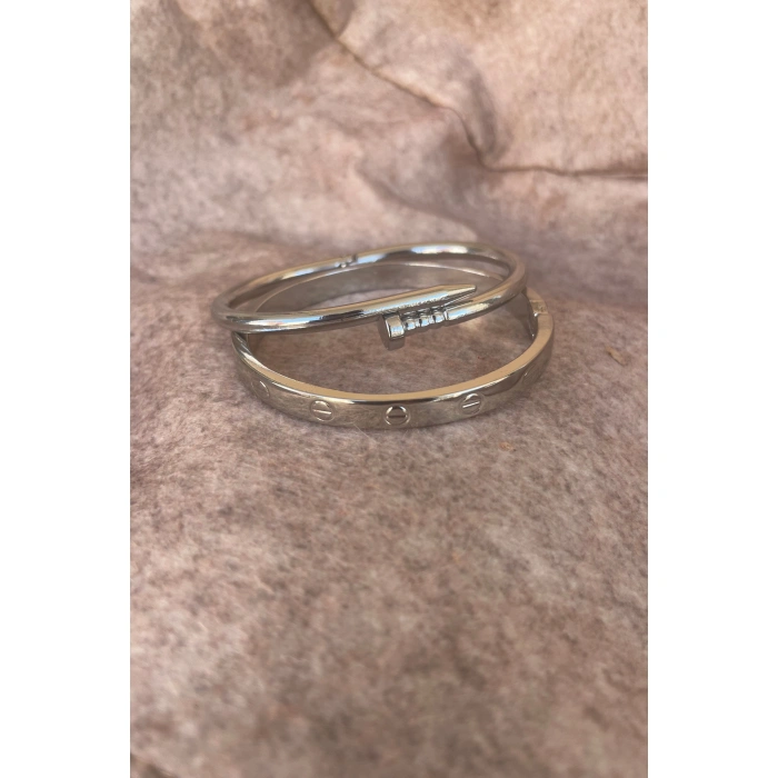 Gümüş Renk Çivi Kombin Bileklik Seti 2 Adet