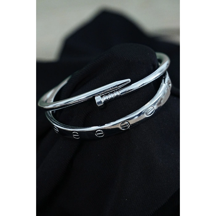 Gümüş Renk Çivi Kombin Bileklik Seti 2 Adet