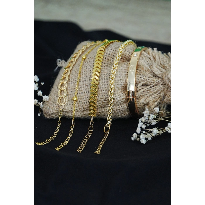 Kombin Bileklik Altın Kaplama Lüks Trend 5 Adet