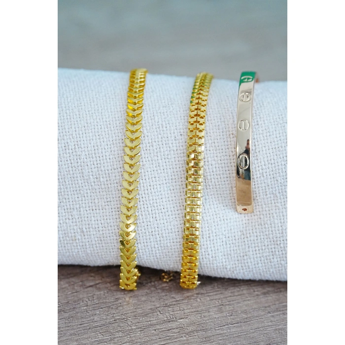 Kombin Bileklik Gold Kılçık Tırtıl ve Düz Cırt Model 3 Adet Birden