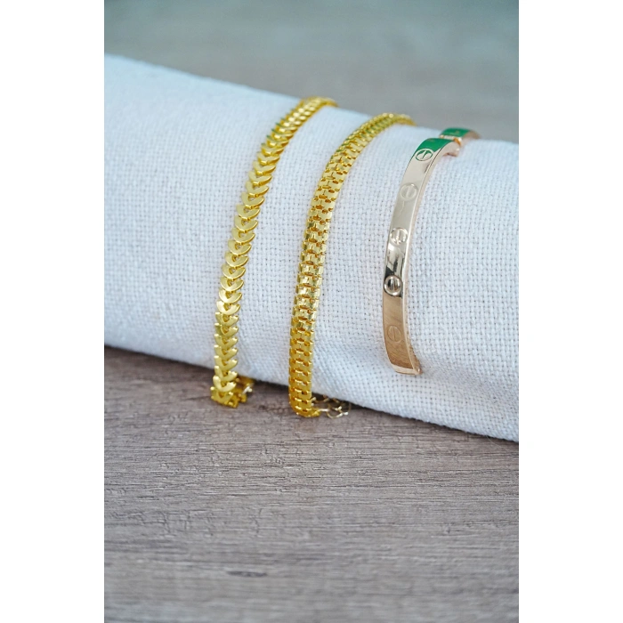 Kombin Bileklik Gold Kılçık Tırtıl ve Düz Cırt Model 3 Adet Birden