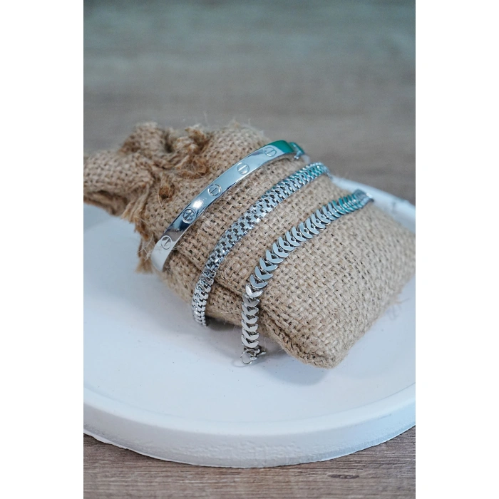 Kombin Bileklik Gümüş Kılçık Tırtıl ve Düz Cırt Model 3 Adet Birden