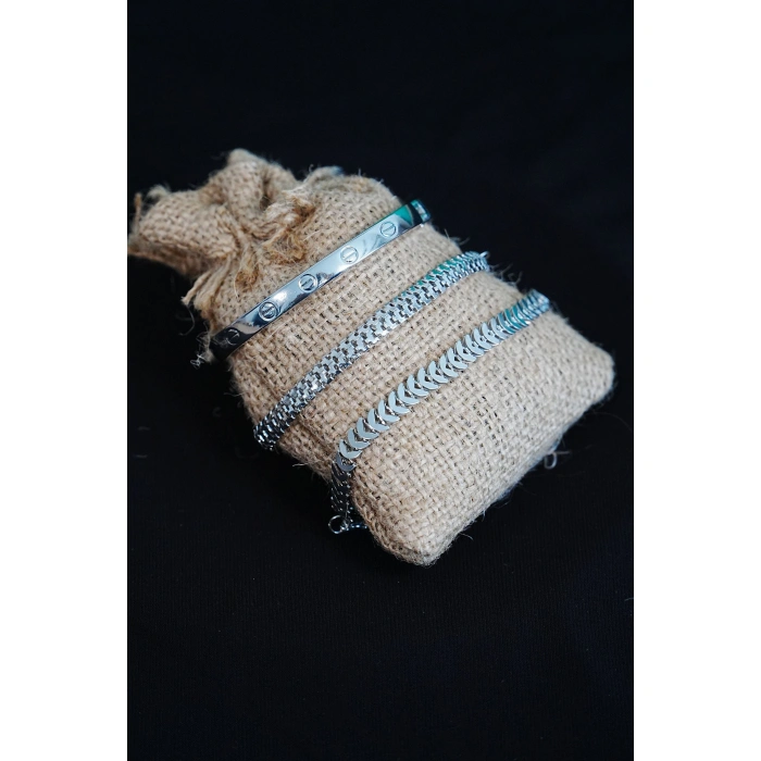 Kombin Bileklik Gümüş Kılçık Tırtıl ve Düz Cırt Model 3 Adet Birden