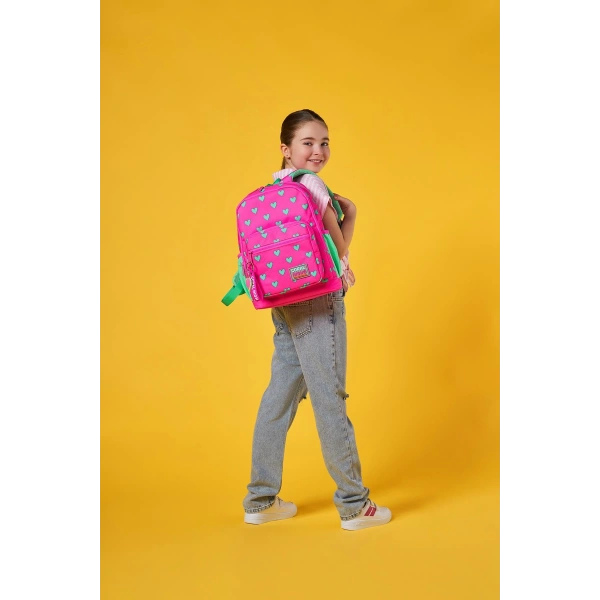 Coral High Kids Neon Pembe Su Yeşili Kalp Desenli Dört Bölmeli Okul Sırt Çantası 23113