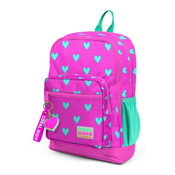 Coral High Kids Neon Pembe Su Yeşili Kalp Desenli Dört Bölmeli Okul Sırt Çantası 23113