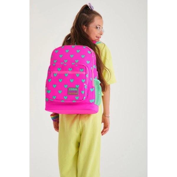 Coral High Kids Neon Pembe Su Yeşili Kalp Desenli Dört Bölmeli Okul Sırt Çantası 23113