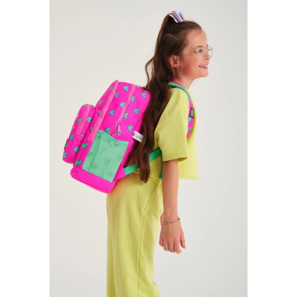 Coral High Kids Neon Pembe Su Yeşili Kalp Desenli Dört Bölmeli Okul Sırt Çantası 23113