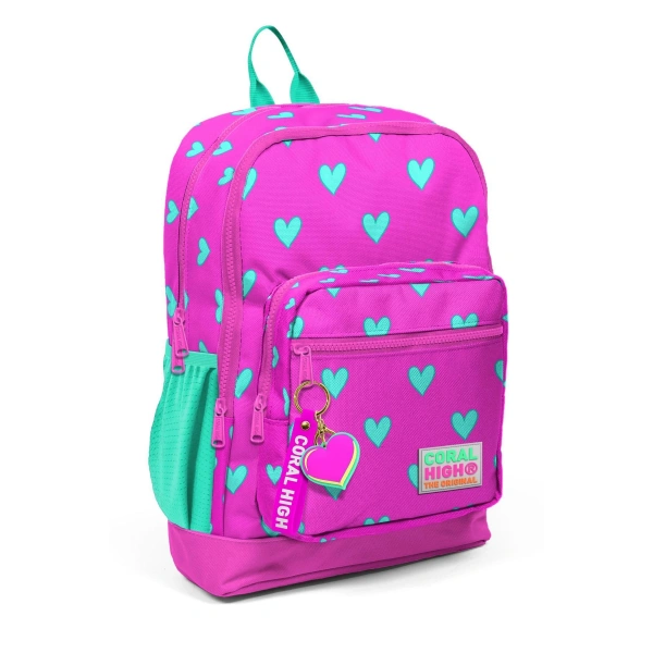 Coral High Kids Neon Pembe Su Yeşili Kalp Desenli Dört Bölmeli Okul Sırt Çantası 23113